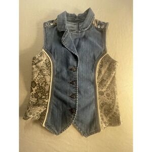 VTG Boho Denim Vest Floral Lace Panels Shell Button Embellished Back Motif SZ S
